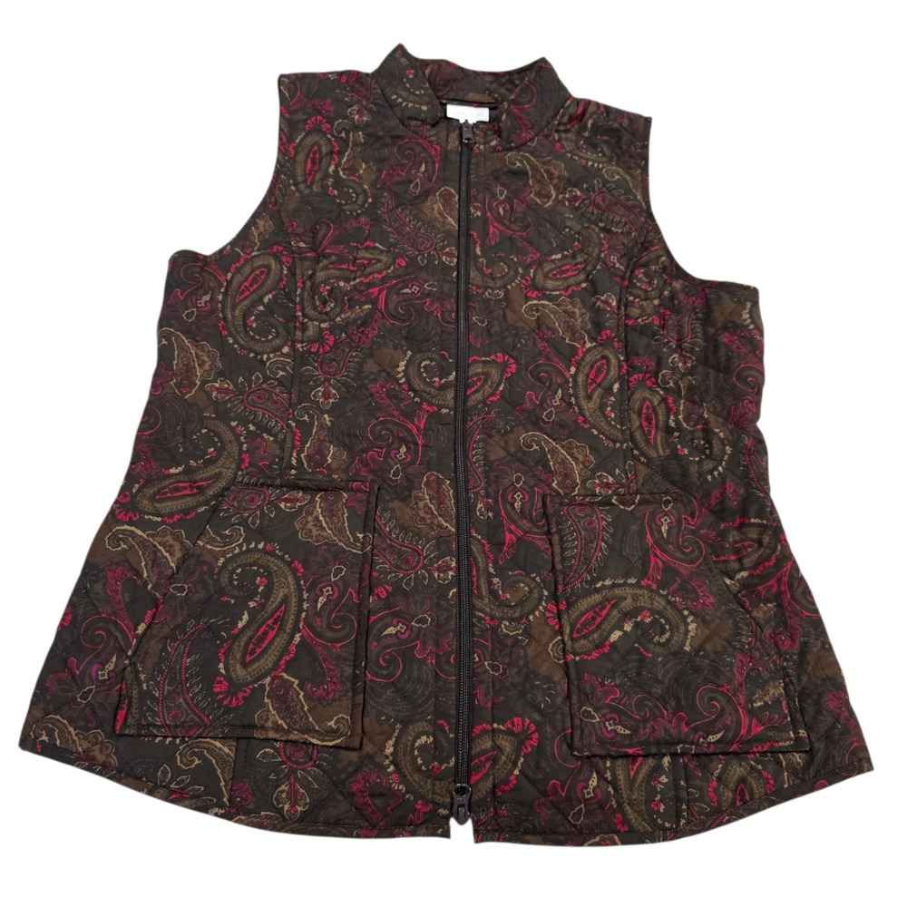 J. Jill Heritage Quilted Vest Womens Brown Paisley M Full Zip 100% Polyester